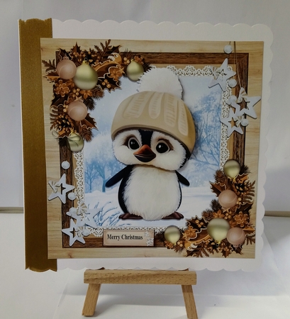Gorgeous Penguin With Bobble Hat In Wooden Frame 8x8 by Jackie Odonnell