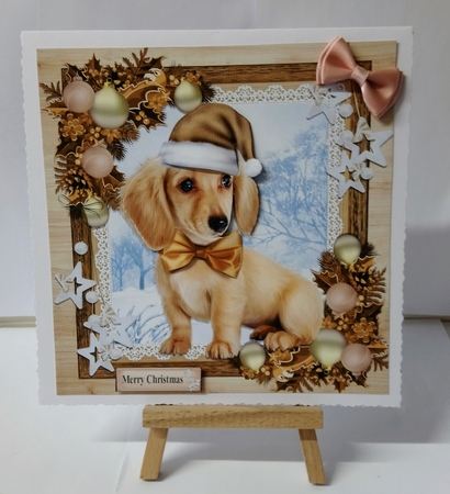 Gorgeous Brown Dog With Bow In Wooden Frame 8x8 by Jackie Odonnell