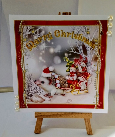 Hedgehog & Mice Christmas Sleigh 6 Inch Square Card Front & Decoupage by Jackie Odonnell