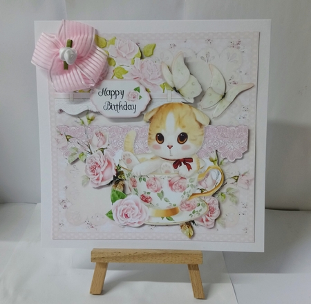 Tea Cup Kitty 7x7 Card Front & Insert Mini Kit by Jackie Odonnell