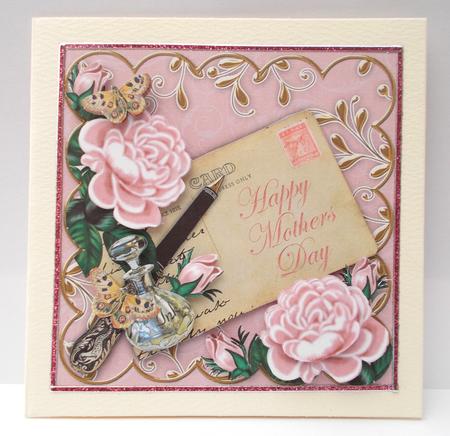 Pink Rose Mothers Day Scallop Postcard 3D Decoupage Card Kit by Jacqueline Bunnett