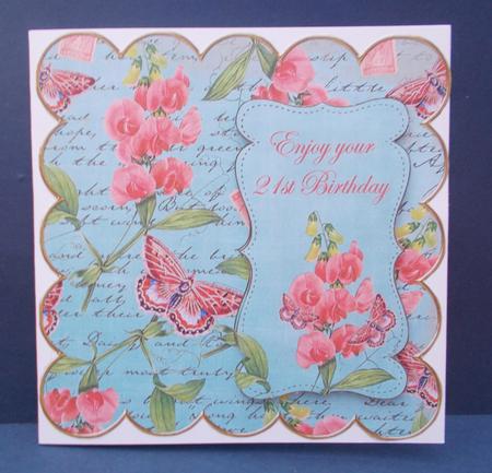 Teal Sweetpeas 21st Birthday 8in Scallop Topper by Jacqueline Bunnett