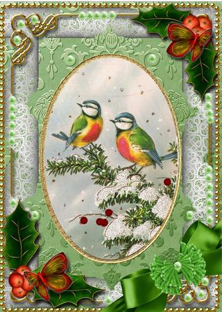 Christmas Blue Tits Holly 7x5in Picture and Shaker Frame by Jan Barcelo