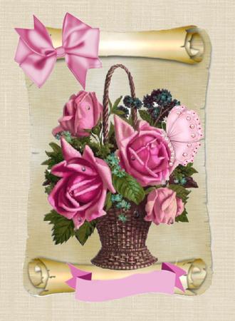 Pretty Vintage Rose Basket on a Scroll by Jan Barcelo