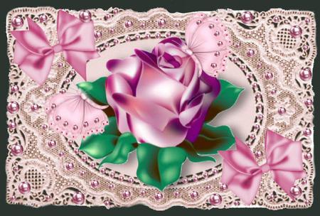 Single Pink Rose on Ecru Lace with Bows by Jan Barcelo