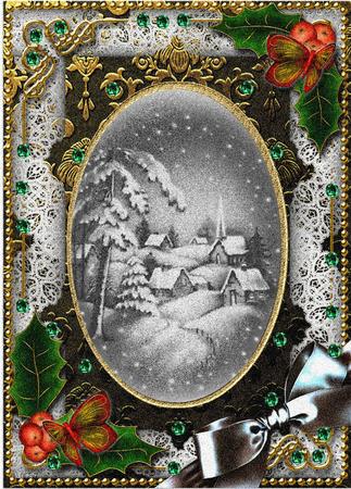 Dark Snowy Village Holly 7x5in Card Picture and Shaker Frame by Jan Barcelo