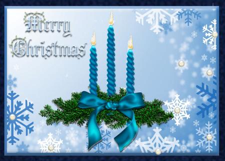 Blue Merry Christmas Candles on Snowflake Background by Jan Barcelo