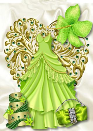 Pretty Green Dress with Cake on a Gold Heart A4 by Jan Barcelo