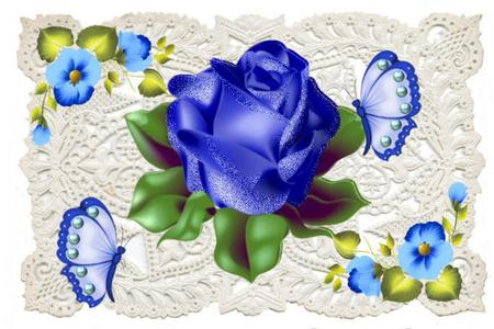 Blue Rose on Ecru Lace with Butterflies by Jan Barcelo