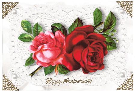 Red Roses on Ecru Lace with Pearls A4 by Jan Barcelo