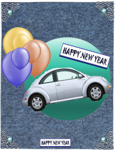 Happy New Year Special Car with Balloons & Tags by Jan Barcelo
