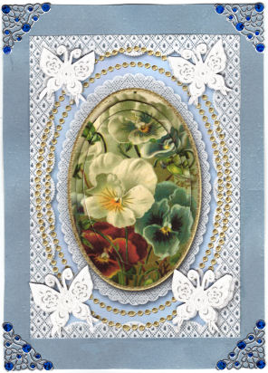 Multi Pansies A5 Butterfly Lace Card Front by Jan Barcelo