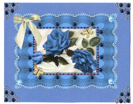 Blue Roses and Cream Bow on Vintage Lace A4 by Jan Barcelo