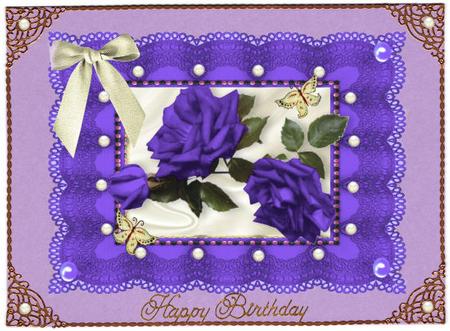 Purple Roses and Cream Bow on Vintage Lace A4 by Jan Barcelo