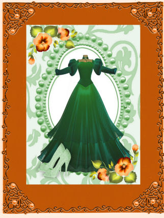 Emerald Vintage Dress, with Peach Flowers A4 by Jan Barcelo