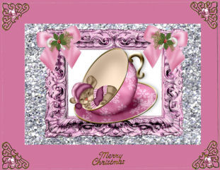 Little Mouse in Teacup with Pink Christmas Bows A4 by Jan Barcelo