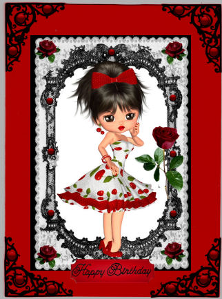 Cherrylicious Little Lady with Red Roses in Black Lace Frame by Jan Barcelo