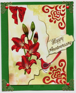 Red Lillies with Little Bird, on Scalloped Envelope by Jan Barcelo