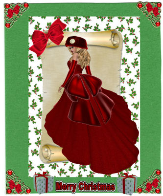 Pretty Lady in Red Gown on a Scroll by Jan Barcelo