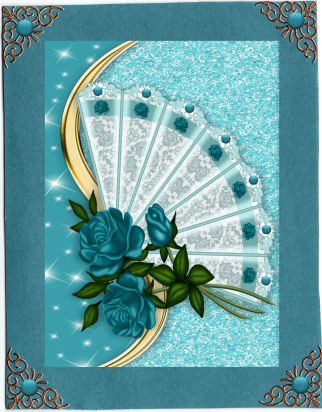 Pretty Turq Roses on Lace Fan, A4 by Jan Barcelo