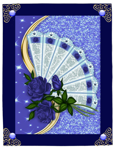 Pretty Blue Roses on Lace Fan A4 by Jan Barcelo