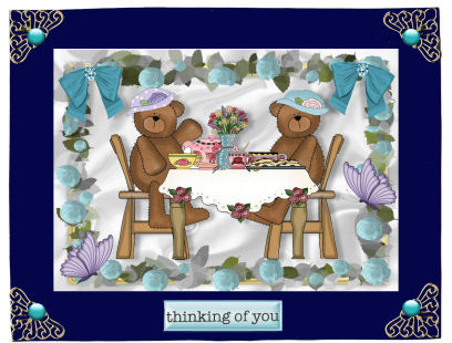 Teddies Having a Tea Party, in Blue Rose Frame by Jan Barcelo