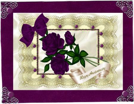 Dark Purple Roses on Cream Vintage Lace A4 by Jan Barcelo