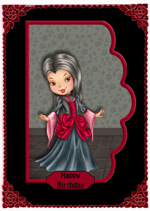 Mortitia Birthday or Halloween Scallope Edge Curve Card by Jan Barcelo