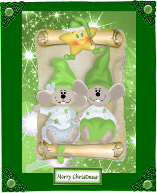 Cute Pair of Mice with Green Santa Hats On, on a Scroll by Jan Barcelo