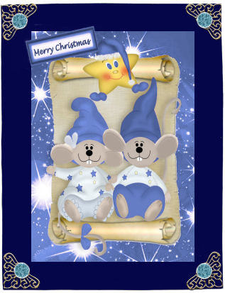 Cute Pair of Mice in Blue Santa Hats on a Scroll by Jan Barcelo