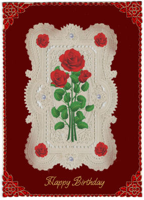Elegant Red Rose Decoupage on Ecru Lace Background by Jan Barcelo