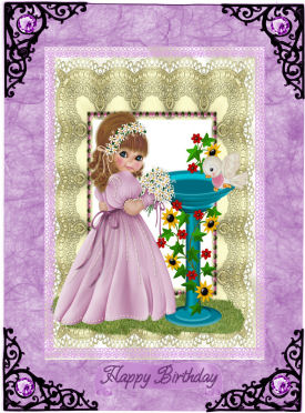 Sweet Little Girl with Bird Bath in Lace Frame by Jan Barcelo