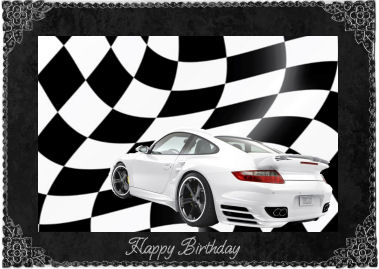 White Sport Car on Racing Flag Background Decoupage by Jan Barcelo