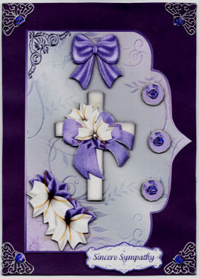 Cross and Lily in Lilac Elegant Scallop Card Front by Jan Barcelo