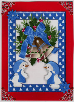 Gold Bells in Blue Frame with Snowmen by Jan Barcelo