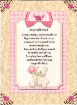 A Special Friend Card Front with Verse Pink by Jan Barcelo