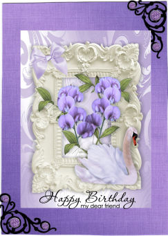 Lilac Flowers with Beautiful Swan in Ornate Frame A4 by Jan Barcelo