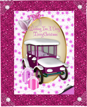 Pink Vintage Car with Snow and Horn in Oval Frame A4 by Jan Barcelo