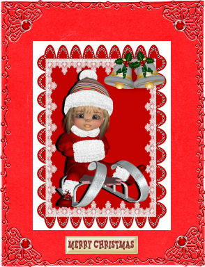 Little Girl in Red on a Sledge in Lace Scalloped Frame by Jan Barcelo