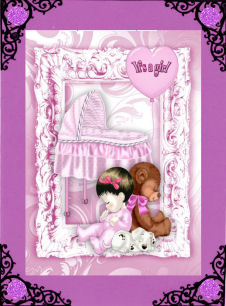 Sweet Baby Girl with Crib in Ornate Frame A4 by Jan Barcelo