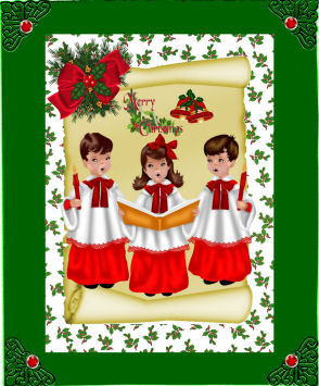 Merry Christmas with Bells and Carol Singers on a Scroll A4 by Jan Barcelo