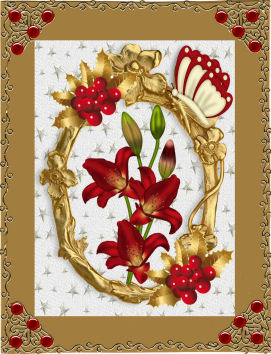 Red Lily with Berries, Holly Butterfly in a Gold Frame A4 by Jan Barcelo