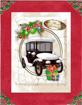 Snow Covered Vintage Car with Presents in Marble Frame A4 by Jan Barcelo