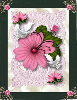 Pink Flower on Vintage Lace with Doves A4 by Jan Barcelo