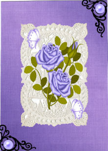 Purple Roses on Ecru Lace with Butterflies by Jan Barcelo