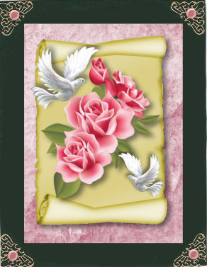 Pink Roses and Doves on a Scroll A4 by Jan Barcelo