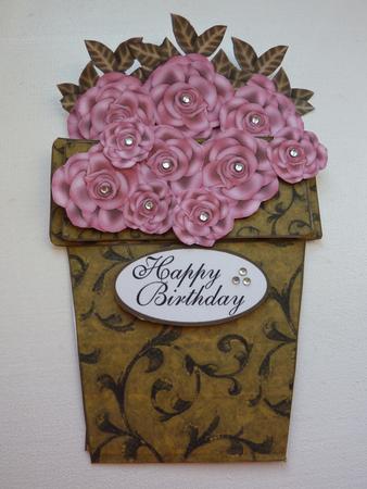 Vintage Pink Rose & Olive Green Flower Pot Card by Jan Plimmer