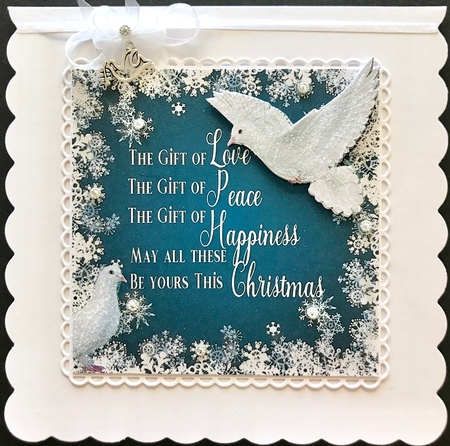 Pretty white doves in  blue snow flake 7x7 frame with verse by Jan Salisbury