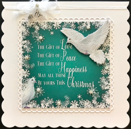 Pretty white doves in turq snow flake 7x7 frame with verse by Jan Salisbury