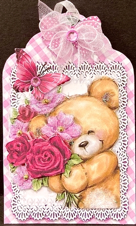 cute bear on pink gingham tag by Jan Salisbury